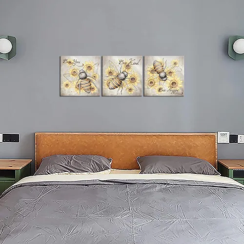 Vista 3 de iHAPPYWALL 3 piezas de lienzo de abeja de miel, arte de pared, diseño de girasol y citas motivacionales, ilustraciones para cocina, dormitorio