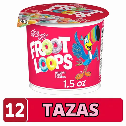 Vista 4 de Kellogg's Froot Loops - Tazas de cereales para el desayuno, sabor a frutas, aperitivos de desayuno con vitamina C, original, caja de 18 onzas