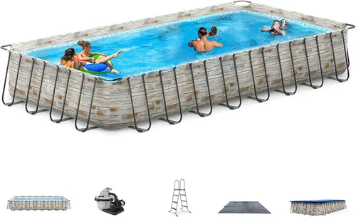 Vista 9 de Evajoy Piscina redonda sobre el suelo con marco de metal para exteriores de 10 pies x 30 pulgadas con fácil instalación, solo piscina