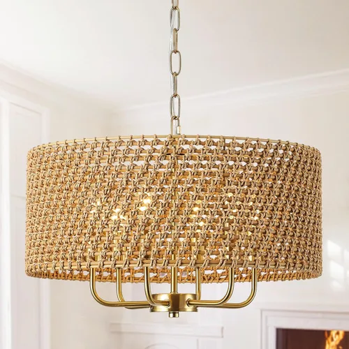Vista 14 de Lámpara de araña de ratán bohemio de 20 pulgadas para comedor, 5 luces tejidas a mano de ratán natural con cadena ajustable, enchufes E12