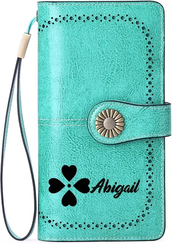 Vista 19 de Cartera de pulsera personalizada, carteras con nombre grabado personalizado con bloqueo RFID, gran capacidad, cartera de mano para tarjetas de Cuero