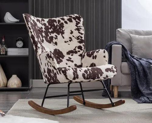 Vista 3 de EALSON Mecedora tapizada de tela, silla mecedora con respaldo copetudo y base de madera, sillón moderno y cómodo para dormitorio, sala de estar, vaca