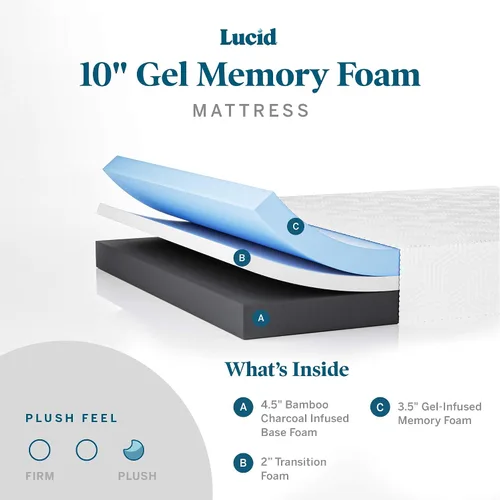 Vista 5 de LUCID - Colchón afelpado de espuma viscoelástica con gel de 10 pulgadas y base ajustable LUCID L300 (tamaño individual XL)