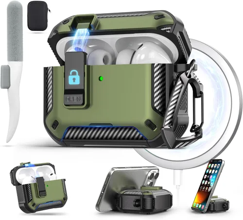 Vista 20 de Maxjoy Funda para AirPods Pro 3 2025, MagSafe compatible con bloqueo automático, funda protectora a prueba de golpes con soporte para teléfono