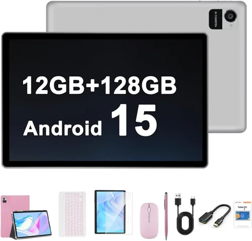 Vista 8 de Crelander Tablet Android 15 de 10.1 pulgadas, tableta Android de 12 GB+128 GB, batería de 8000 mAh, pantalla táctil de 1280 x 800, WiFi Gris