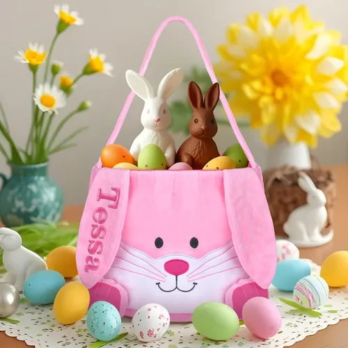 Vista 15 de Cesta de Pascua personalizada para niños, conejo rosa 019B-Rosa