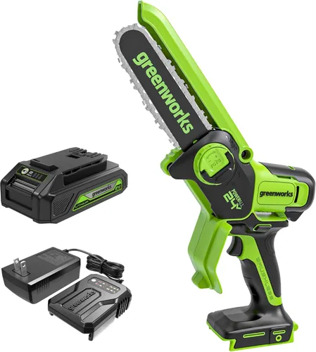 Vista 12 de Greenworks Mini motosierra sin escobillas de 24 V y 4 pies (engrasador automático, tensión sin herramientas, ultraligera), batería y cargador