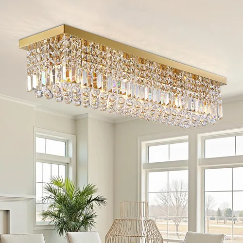 Vista 23 de Candelabros Modernos de Cristal para Lámpara de Comedor, Candelabro de Techo Rectangular Dorado de 6 Luces para Isla de Cocina y Sala de Estar