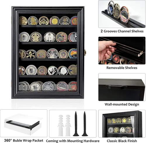 Vista 2 de ASmileIndeep - Expositor de monedas de desafío militar con estuche de vidrio templado HD y montaje en pared, soporte de monedas de madera