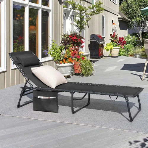 Vista 4 de Greesum Chaise Lounge Silla de bronceado plegable con respaldo ajustable de 5 posiciones, almohada desmontable y bolsillo exterior para piscina Negro