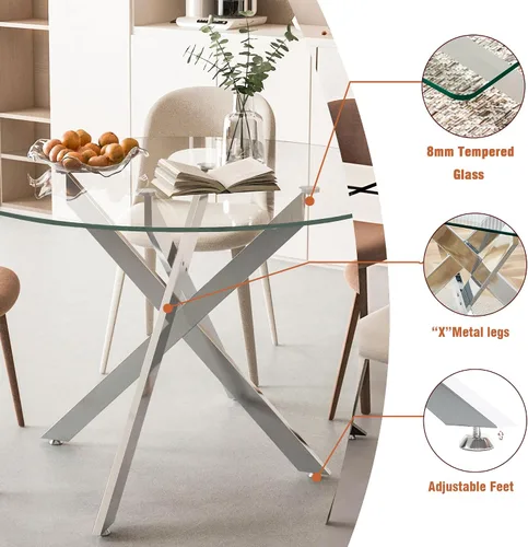 Vista 4 de Juego de mesa de comedor de cristal plateado moderno de 47 pulgadas para 2, juego de mesa de comedor de cocina redonda de 3 piezas con patas
