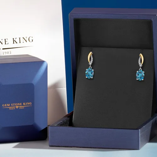Vista 5 de Gem Stone King Aretes colgantes ovalados de plata 925 y oro amarillo de 10 quilates de 0.315 x 0.236 in con piedra natal y diamantes cultivados