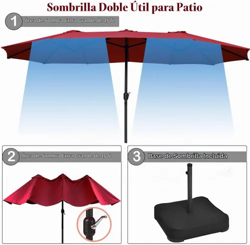Vista 6 de Tangkula Paraguas de doble cara para patio de 15 pies con base, sombrilla de mercado extragrande para exteriores con manivela, base de sombrilla Vino
