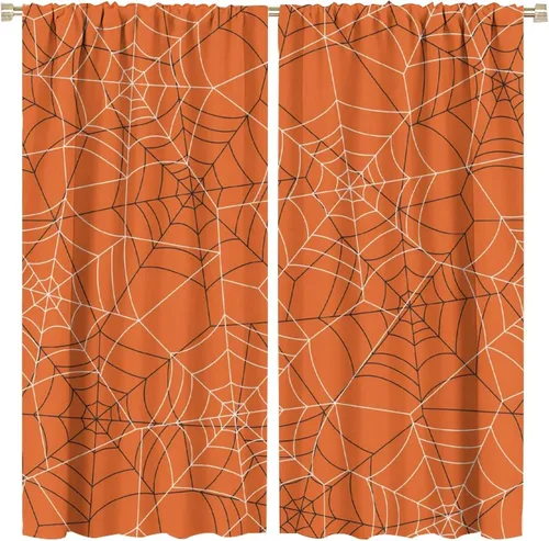 Vista 64 de Cortinas opacas de tela de araña aterradora para niños, tela de araña en blanco y negro, fondo rojo, dormitorio de niños, guardería, decoración