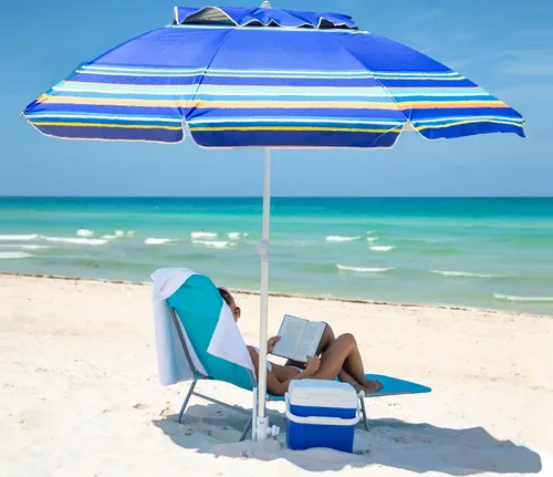 Vista 8 de AMMSUN Sombrillas de playa de 7 pies de alta resistencia para vientos fuertes con ancla de arena, ventilación inclinable, protección UV 50+ contra