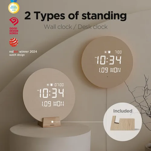 Vista 2 de mooas Reloj de pared LED de luna llena silencioso de madera con control remoto, luz nocturna con retroiluminación, reloj de pared de madera digital