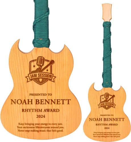 Vista 11 de Premio personalizado de guitarra Cherrywood, placa grabada personalizada con mango de paracaídas azul, 23 x 8 pulgadas Regalo para músicos