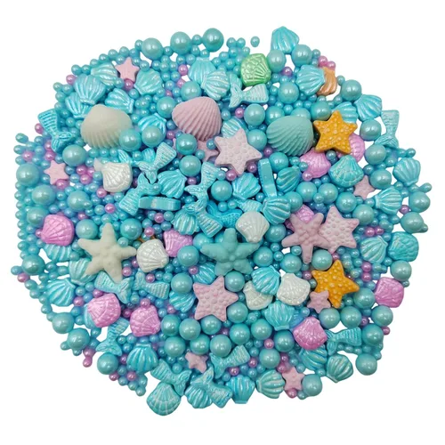 Vista 4 de Homankit Gránulos de dulces de sirena para hornear, postre, magdalenas, decoración de pasteles, estrella de mar, concha de mar, perla y sirena Azul
