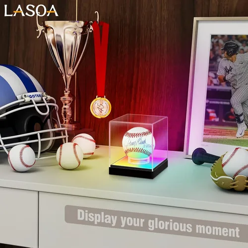 Vista 3 de LASOA Vitrina de béisbol con luz LED RGBW, caja de exhibición de acrílico para recuerdos, protección UV, a prueba de polvo para pelota autografiada