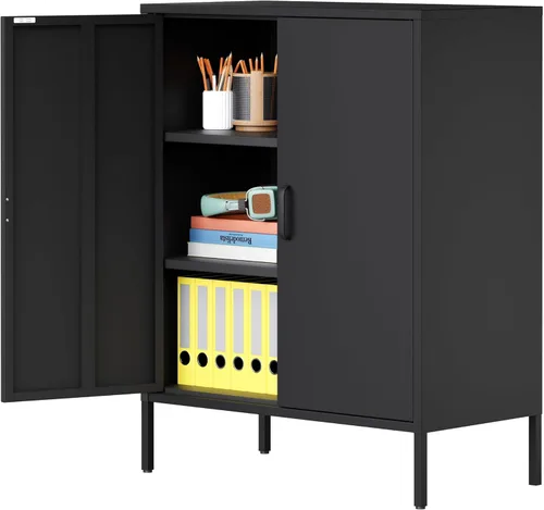 Vista 30 de Gabinete de almacenamiento de metal ancho negro, gabinete de acento de 2 puertas para el hogar y la oficina, gabinete de metal bajo de 2 niveles