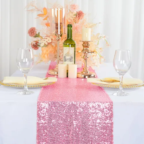 Vista 17 de ShinyBeauty Camino de mesa de lentejuelas rosa intenso, 12 x 72 pulgadas, elegante camino de mesa para eventos de boda personalizado