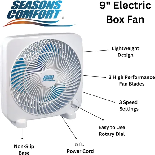 Vista 4 de Seasons Comfort Ventilador de caja de mesa de 9 pulgadas, 3 velocidades, ventilador de mesa silencioso con fuerte flujo de aire, ventilador de caja