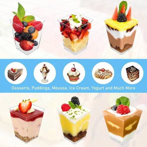 Vista 5 de Paquete de 100 tazas de postre con cucharas, vasos de postre de plástico, 5 onzas, cuadrado transparente