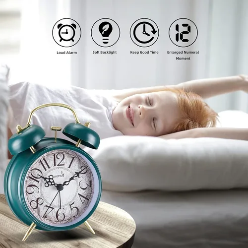 Vista 2 de FLOITTUY Alarma ruidosa para personas que duermen profundamente, 4 pulgadas, retro y a la moda, reloj despertador con campana doble con luz de fondo