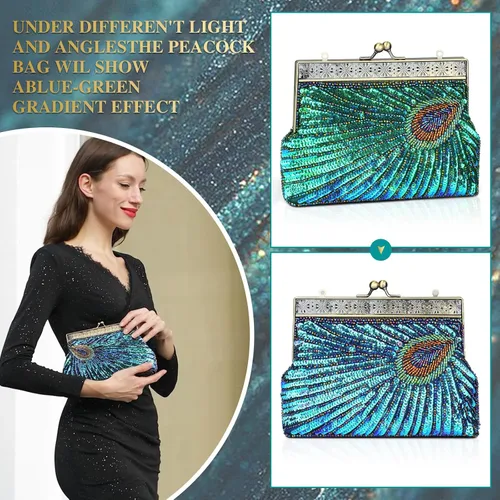 Vista 2 de UBORSE Bolsos de embrague de noche de pavo real con lentejuelas con cuentas Bolso de noche vintage Bolso de boda de fiesta de 1920