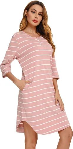 Vista 3 de Vlazom Camisones de algodón suave para mujer, camisón de manga corta con bolsillos, tallas S-XXL