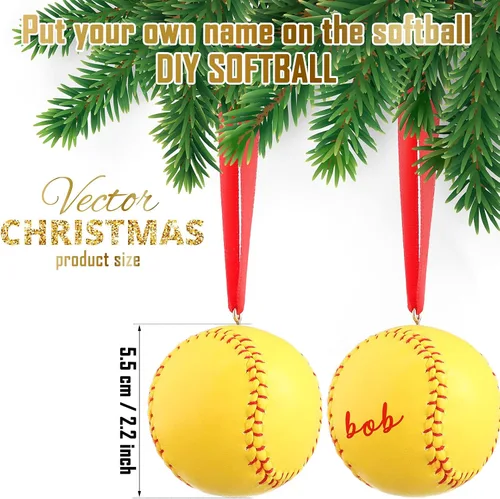 Vista 2 de Newwiee 6 piezas de adornos de Navidad de sóftbol a granel decoraciones deportivas para árbol de Navidad, adorno decorativo de béisbol de piel