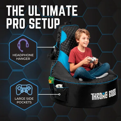 Vista 6 de Throne Boss Funda de Silla Puf Gamer para Niños con Respaldo Alto, Azul – Funda de Silla Gamer de Piso, Tela Fácil de Limpiar, Bolsillos Laterales