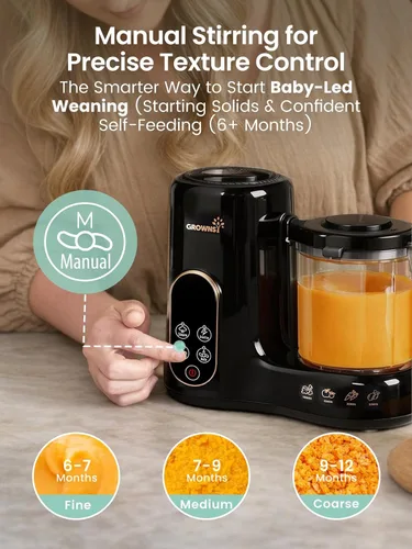 Vista 5 de Grownsy Fabricante y procesador de alimentos para bebés con cesta de vapor Negro y dorado