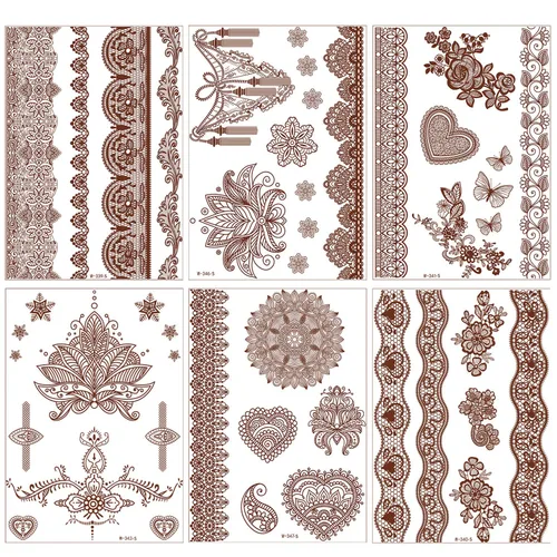 Vista 2 de Tatuajes de henna, Henna Tatuajes Temporales Marrón Impermeable Tatuaje Pegatinas para Mujeres Boda Festivales,Decoración de Fiestas Proveedores