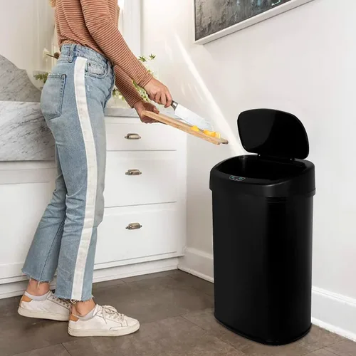 Vista 2 de Bote de basura automático de 13 galones, con sensor de movimiento y sin tacto, de acero inoxidable cepillado con tapa, diseño silencioso, cubo