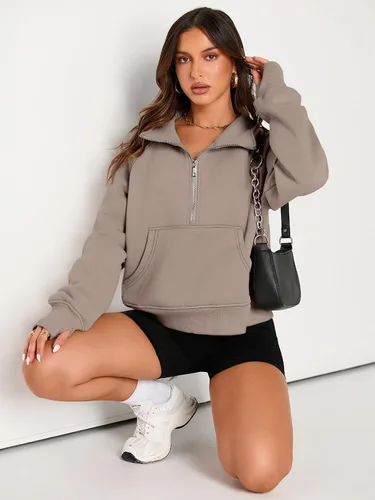 Vista 4 de AUTOMET Sudaderas con media cremallera para mujer, sudadera corta de vellón con cremallera de un cuarto, sudaderas con capucha para el otoño, a