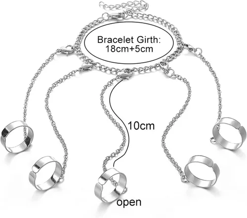 Vista 2 de Pulsera de metal para mujer, pulsera de anillos de dedo de cadena, pulsera punk con borla de cadena con anillo para el dedo, anillos de cadena