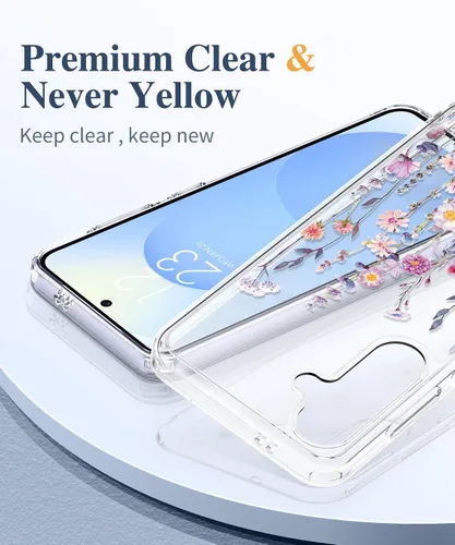Vista 3 de GVIEWIN Funda protectora para Samsung Galaxy S25, transparente floral, delgada, a prueba de golpes, para mujer, no se pone amarilla, con protector
