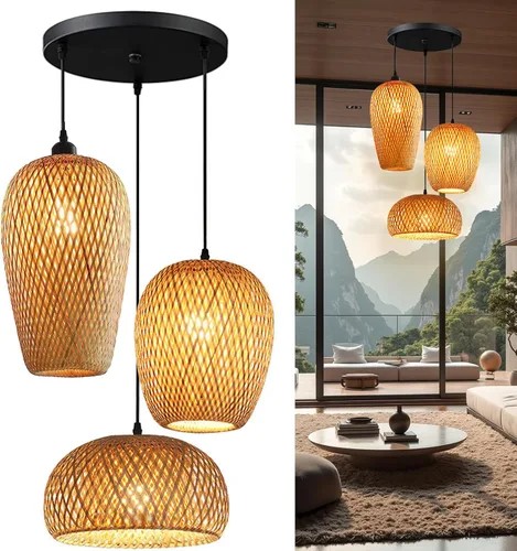 Vista 10 de GWY Lámpara colgante de farol de bambú, estilo japonés retro E27, lámpara colgante de techo para sala de estar, dormitorio, restaurante, cafetería