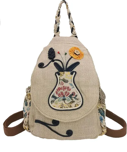 Vista 116 de HUANGGUOSHU Mochila de algodón tejida de algodón bohemio con bordado de lona estilo bohemio con múltiples bolsillos retro linda mochila cartera