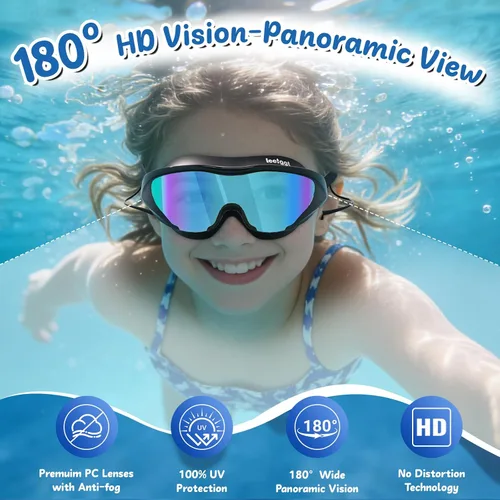 Vista 4 de Gafas de natación anti niebla UV para niños de 6 a 14 años, paquete de 2 gafas de natación para niños con tapones para los oídos adjuntos