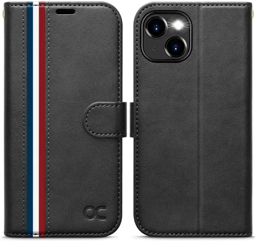Vista 8 de OCASE Funda tipo cartera compatible con iPhone 15 Plus, de piel sintética, con tarjetero, bloqueo RFID, soporte para teléfono