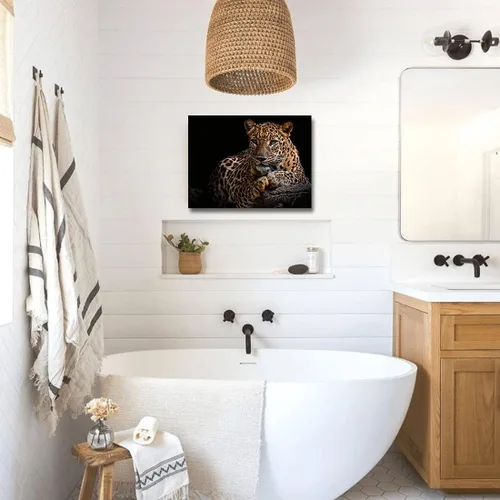 Vista 4 de Impresiones en lienzo de leopardo con fondo negro y vida silvestre dorada, arte de pared de leopardo y guepardo, ilustraciones para baño