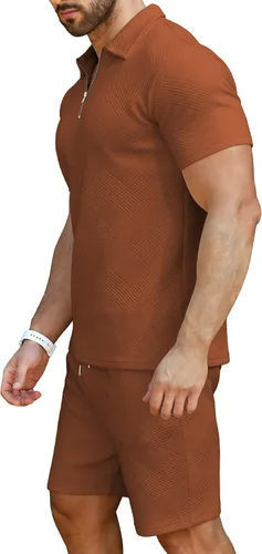 Vista 3 de KUYIGO Conjunto de camisa polo y pantalones cortos para hombre, trajes de verano a la moda, casual, de manga corta, traje de 2 piezas para hombre