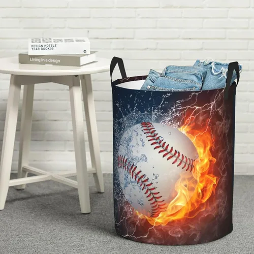 Vista 7 de Balón de béisbol deportivo en fuego y agua, cesta redonda para lavandería, cesta de almacenamiento, juguetes, organizador de ropa, contenedor