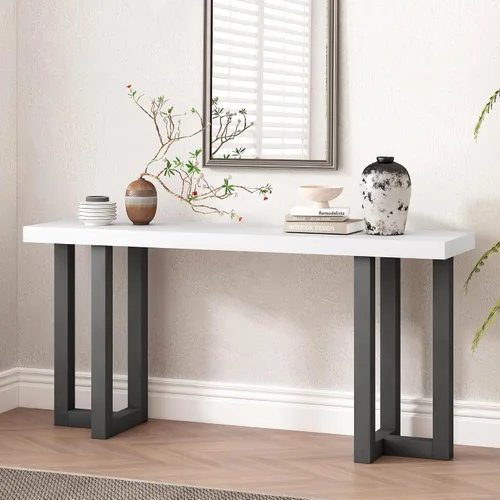 Vista 12 de Mesa de consola de madera de 152 cm con tapa de chapa de roble y patas curvadas delgadas de madera de goma, elegante mesa de sofá para sala