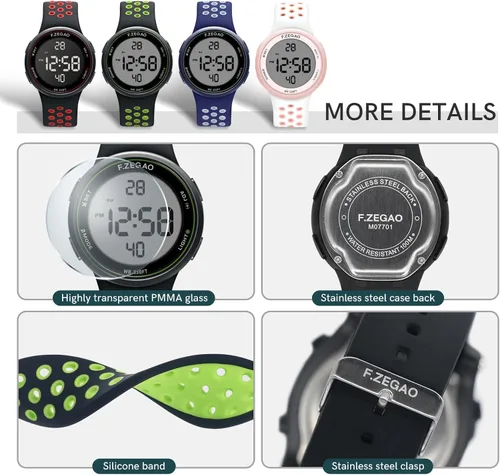 Vista 6 de Reloj digital unisex de 10ATM con cronómetro, alarma, cuenta regresiva, doble hora con banda de silicona suave de doble inyección, Rosa-Blanco