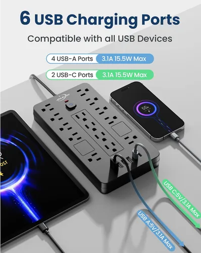 Vista 3 de JouleLoom Regleta protectora de sobretensiones, 14 tomas de corriente y 6 puertos USB, cable de extensión de enchufe plano de 6 pies, 1850 julios