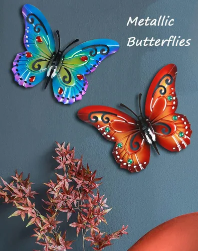 Vista 3 de 2 piezas de mariposas de metal para valla de patio, decoración de jardín, mariposa grande de 14 pulgadas para patio al aire libre, patio, balcón