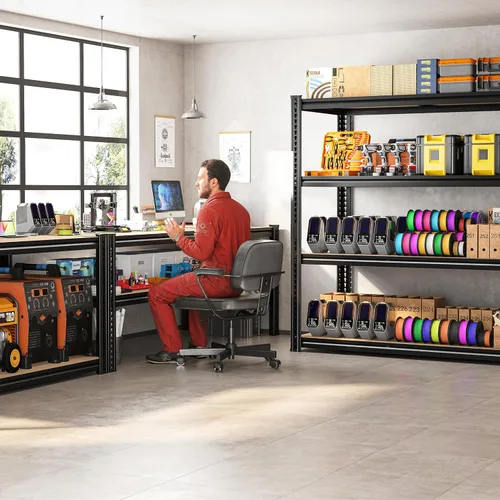Vista 6 de ROOMFAVE Estantería de metal para garaje de 60 pulgadas de ancho, estantes de almacenamiento de 2800 libras, estantería ajustable de 4 niveles